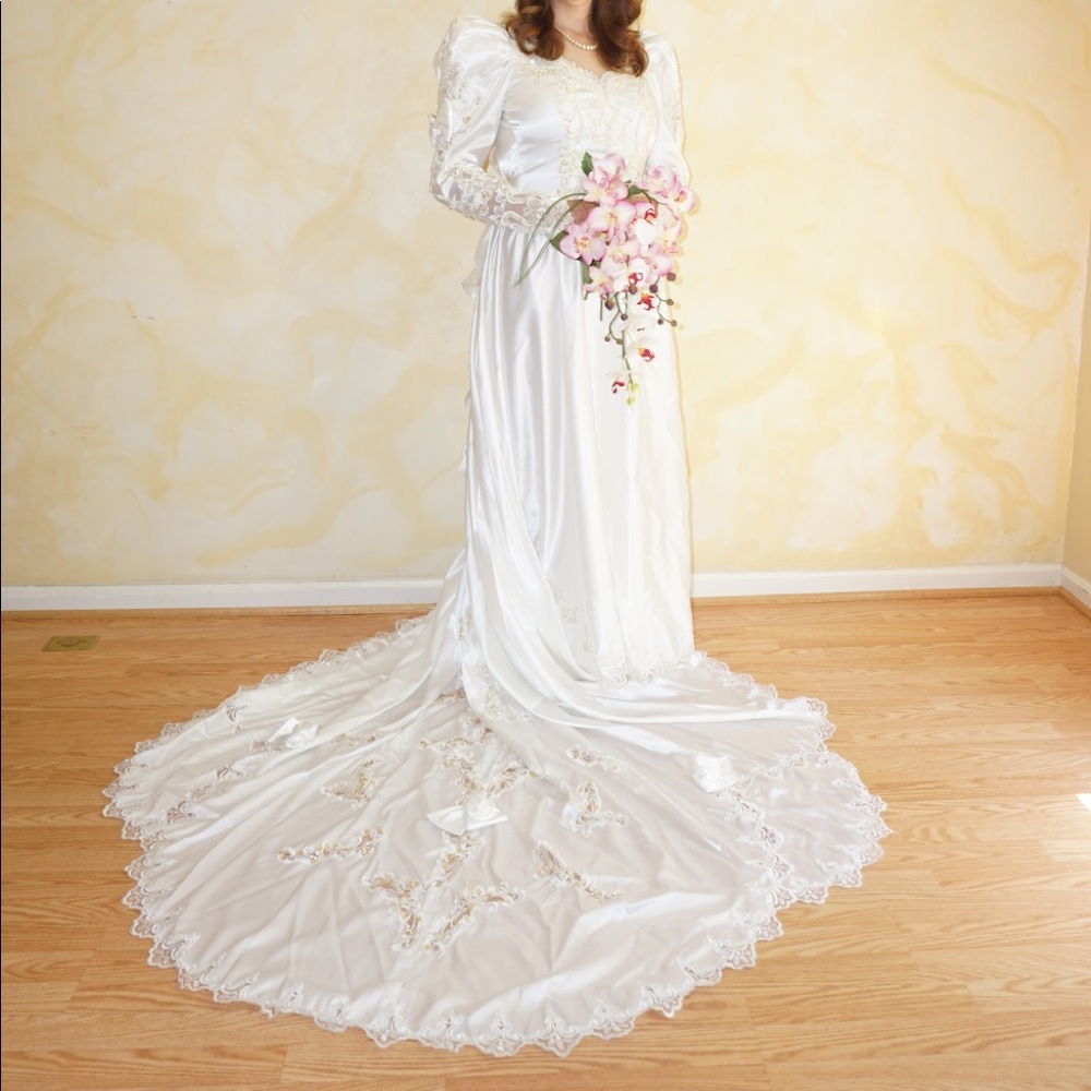 Long Sleeved Satin Wedding Dress with Train
